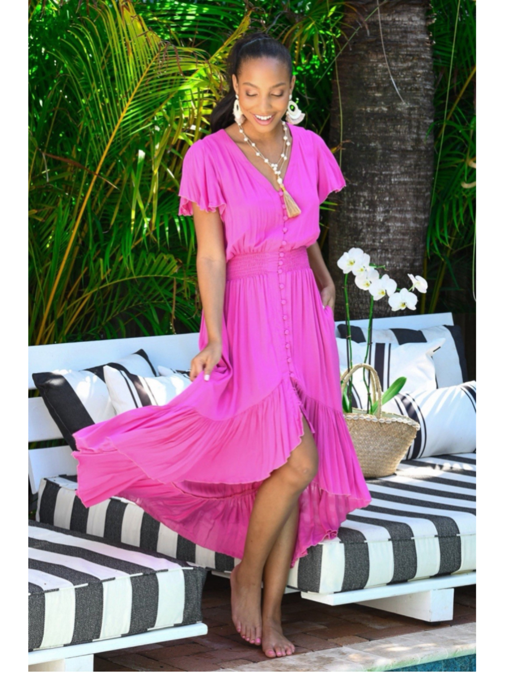 Walker & Wade The Ava Dress Hot Pink SM Hi-Low Smocked Waist Flutter Sleeves EUC